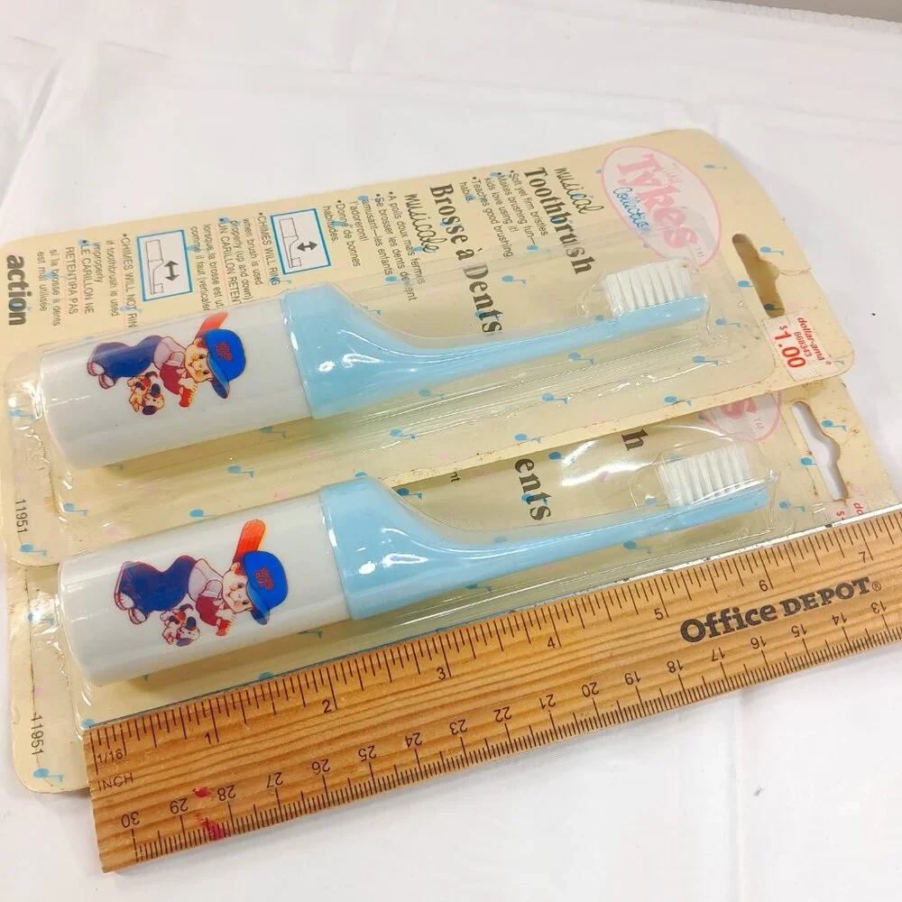 Vintage Tiny Tykes Musical Toothbrush SET 2 Kids Toddler‎ Chimes Baseball Boy